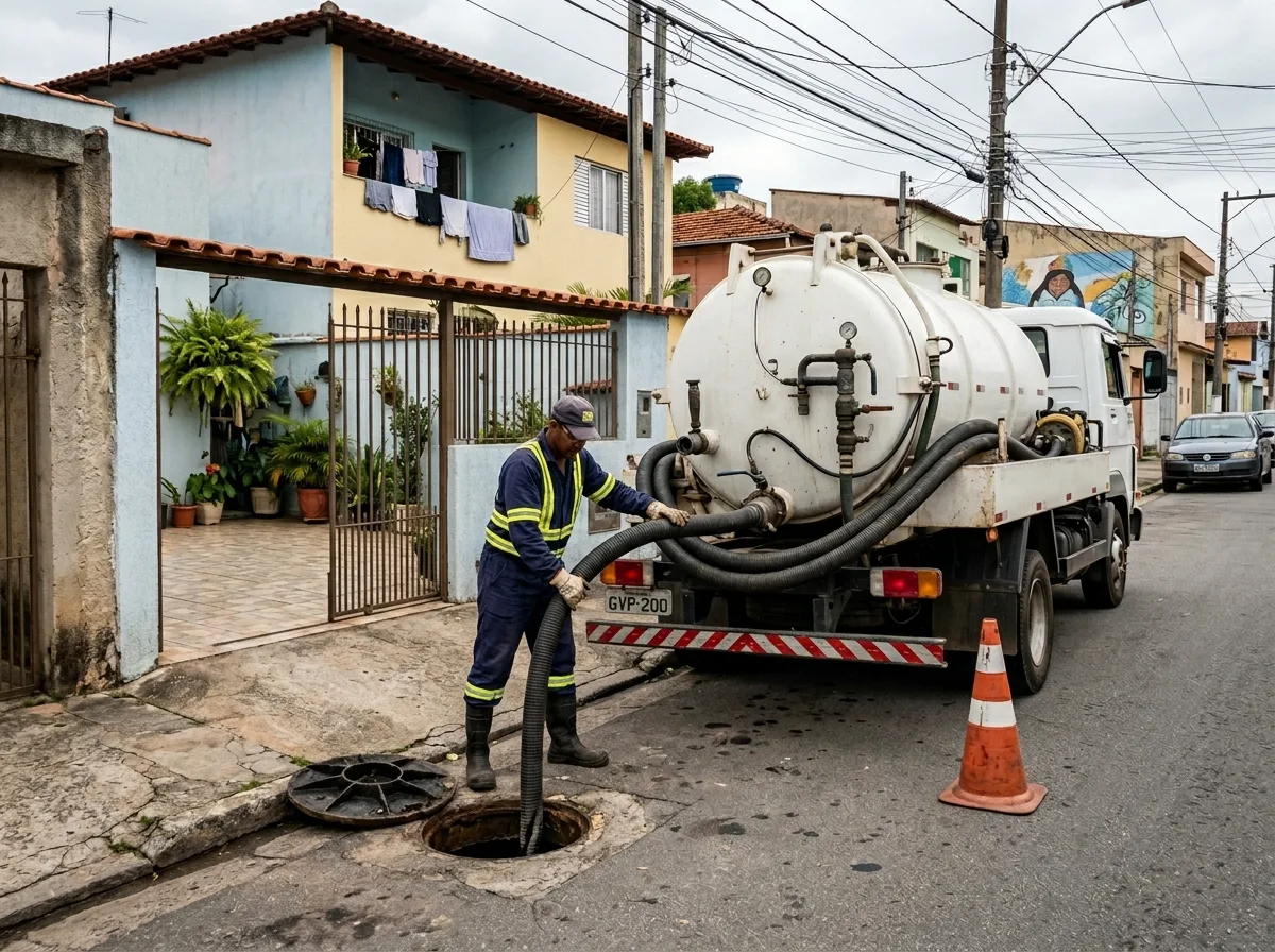 Equipe Hiroshiro em campo no Vilas do Atlântico — caminhão de sucção em operação