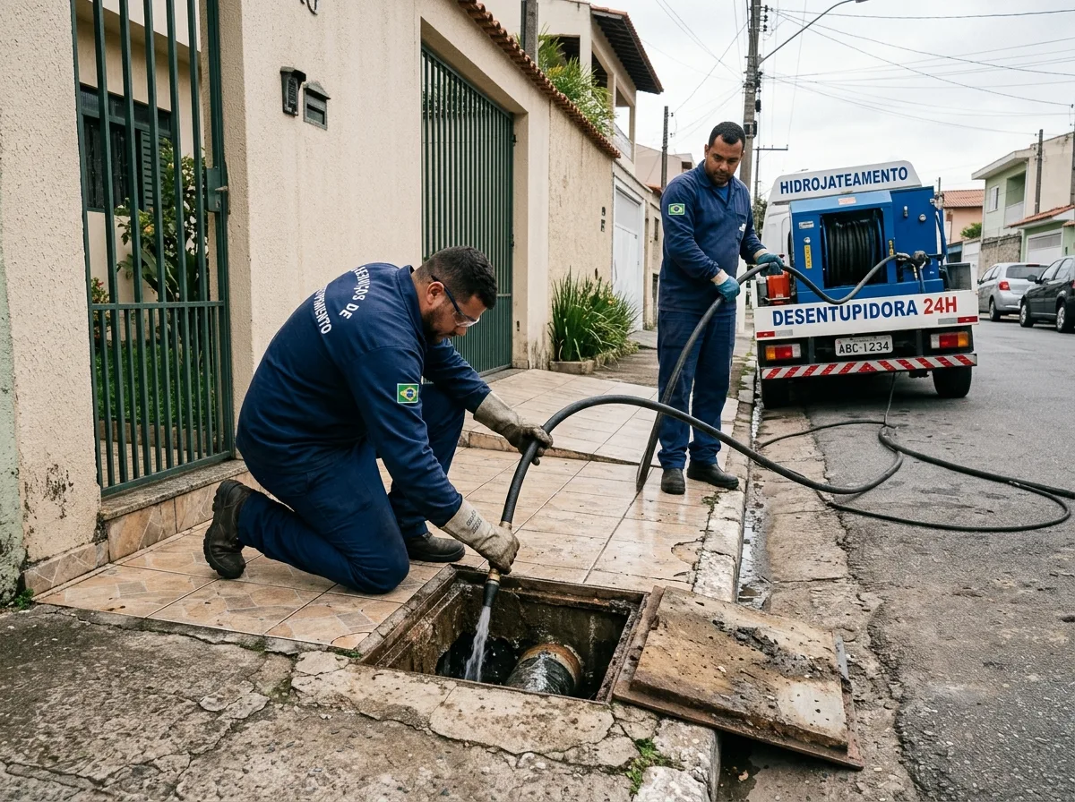 Equipe Hiroshiro em ação real — caminhão de hidrojateamento, desentupidora 24h no Vilas do Atlântico, Lauro de Freitas