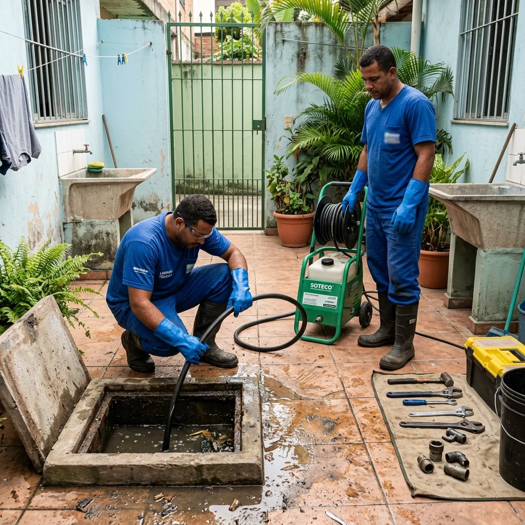 Operação de hidrosucção em caixa de gordura — equipamento de sucção em uso