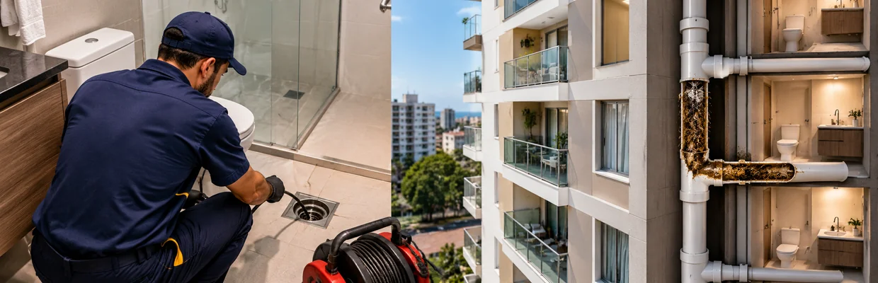Técnico desentupindo ralo em apartamento e corte do prédio mostrando a tubulação de esgoto entupida