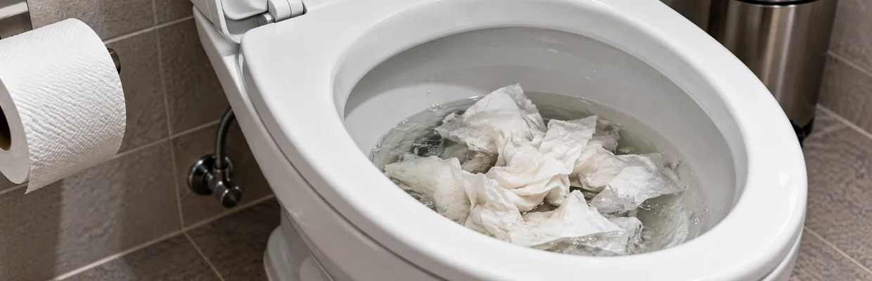 Vaso sanitário entupido com papel higiênico acumulado na água