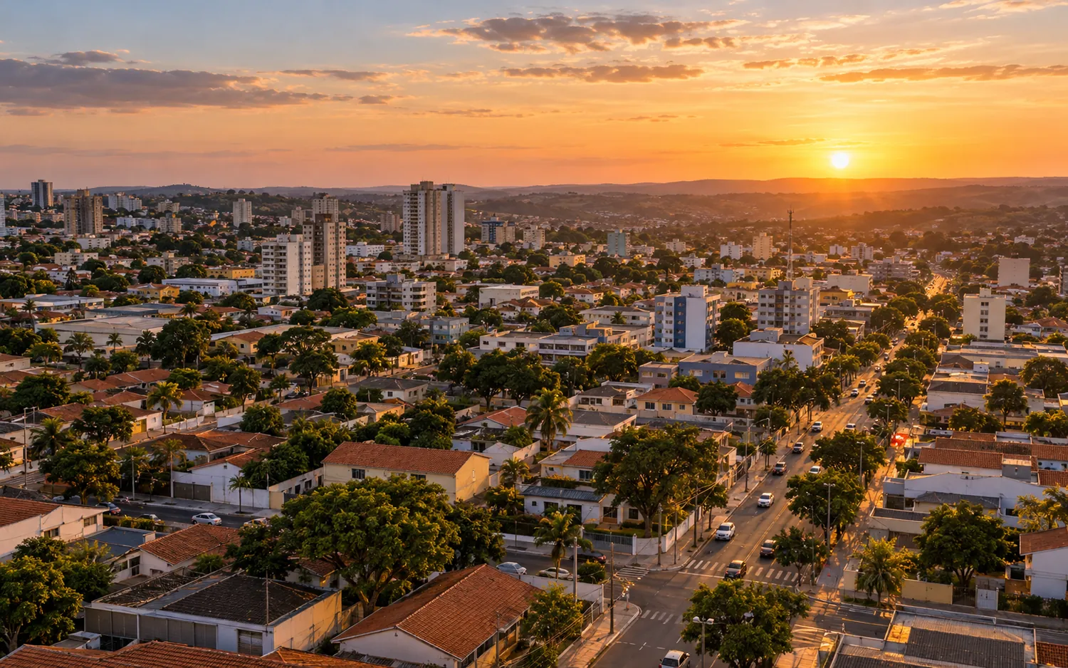 Vista aérea de uma cidade brasileira ao entardecer
