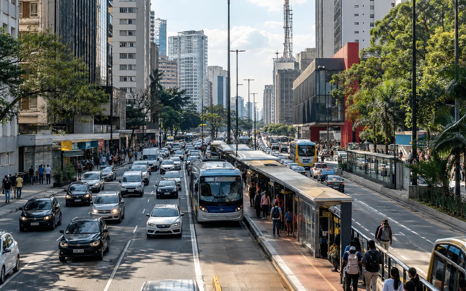 Avenida movimentada com corredor de ônibus