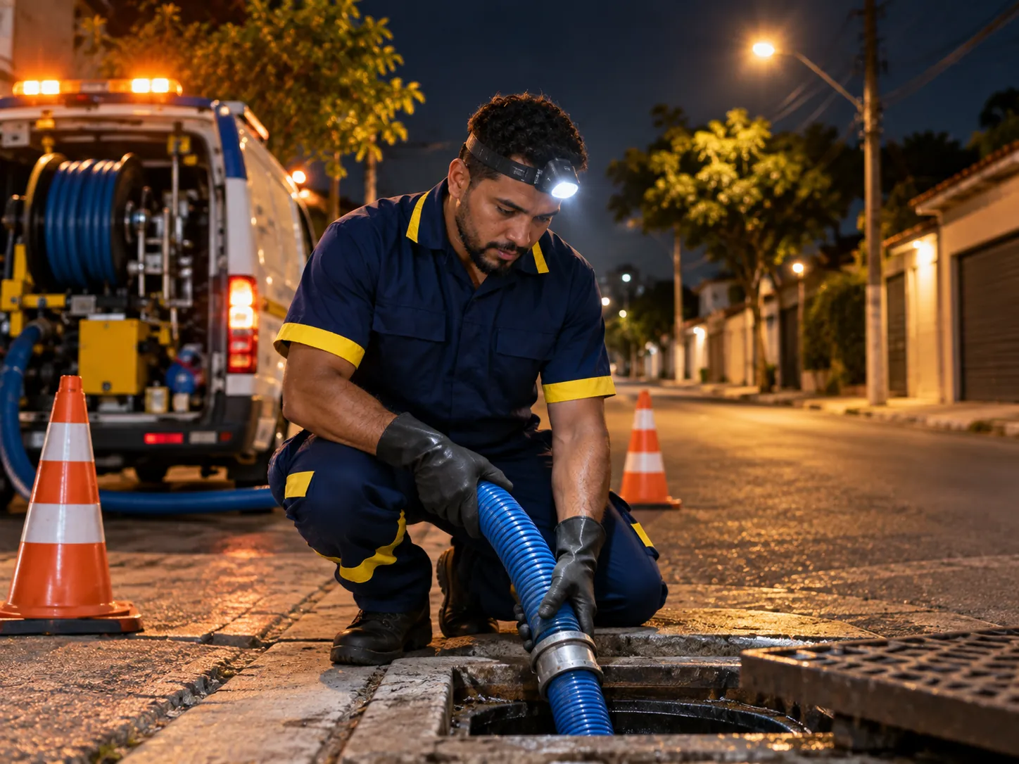 Técnico de desentupidora trabalhando à noite na calçada com lanterna de cabeça