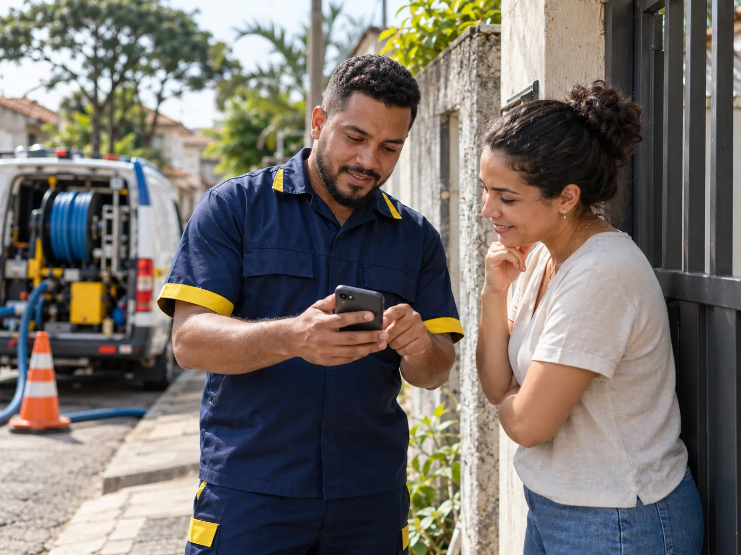Técnico de desentupidora mostrando o celular para uma moradora no portão de casa