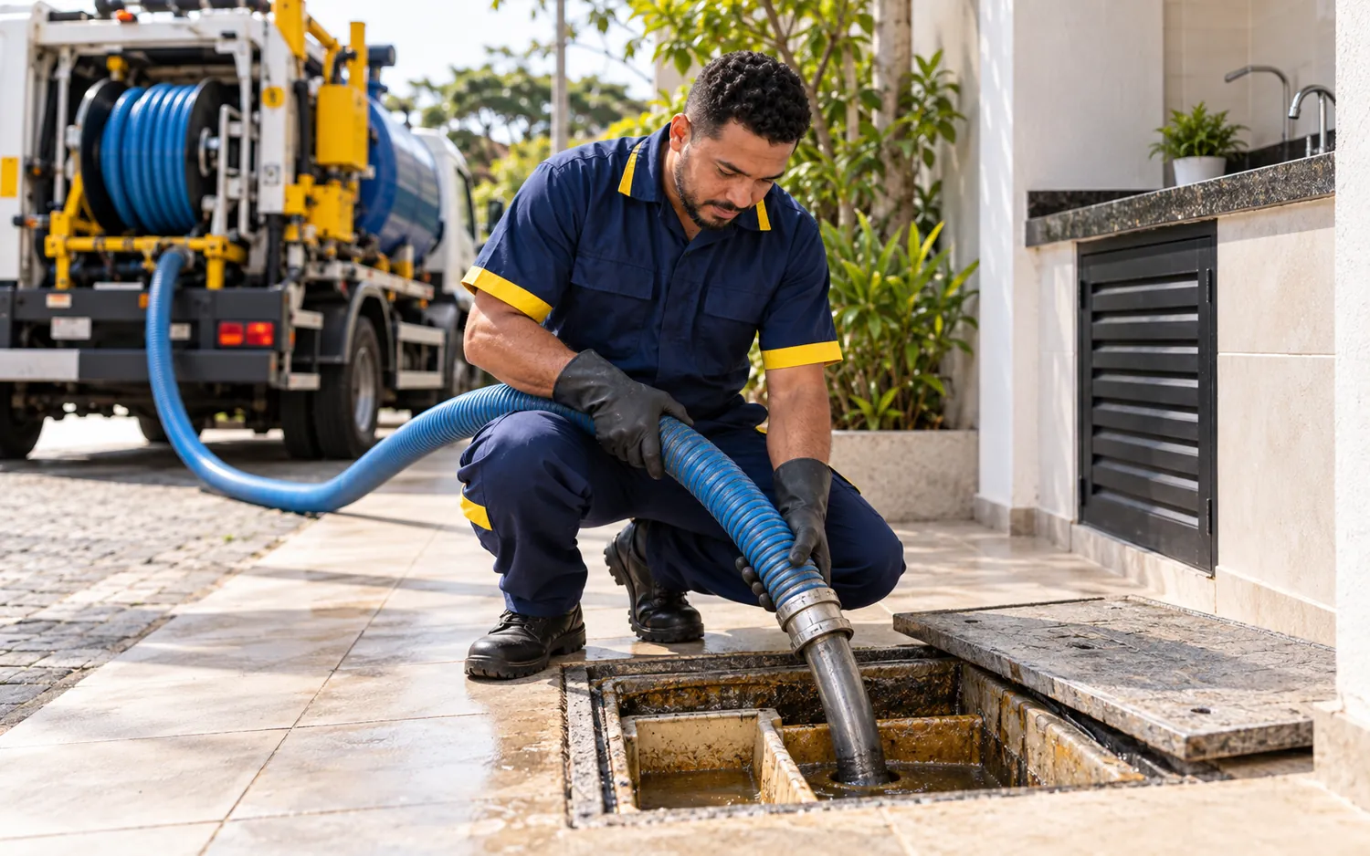 Técnico fazendo a sucção de uma caixa de gordura