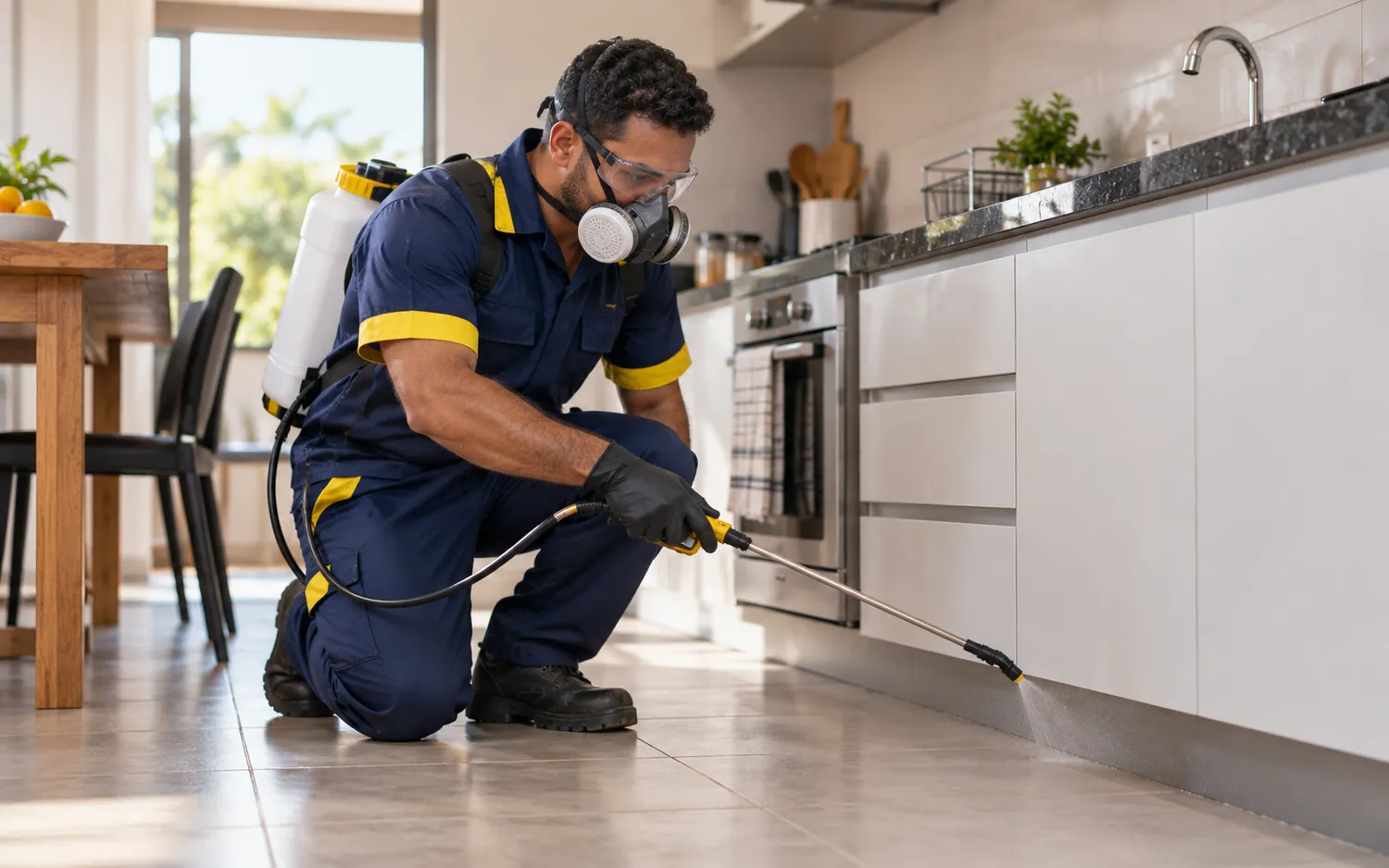 Profissional de dedetização com equipamento de proteção pulverizando a cozinha