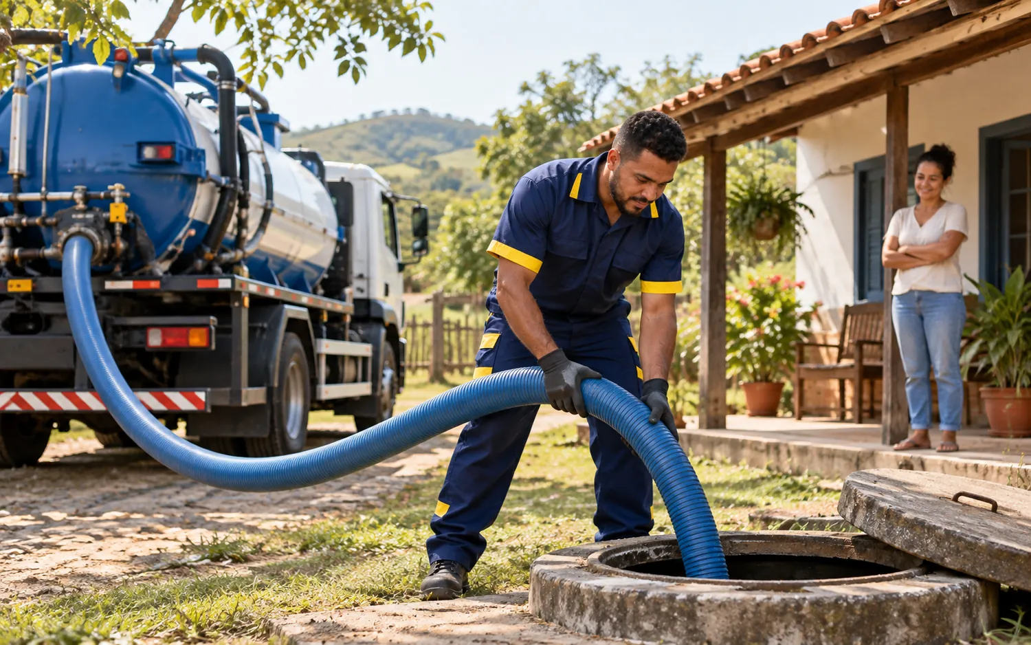 Caminhão limpa fossa fazendo a sucção em uma casa