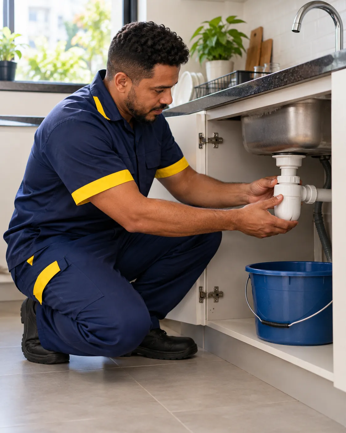 Técnico desmontando o sifão embaixo da pia da cozinha